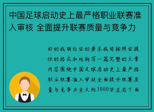 中国足球启动史上最严格职业联赛准入审核 全面提升联赛质量与竞争力
