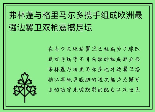 弗林蓬与格里马尔多携手组成欧洲最强边翼卫双枪震撼足坛 弗林蓬与格里马尔多携手组成欧洲最强边翼卫双枪震撼足坛